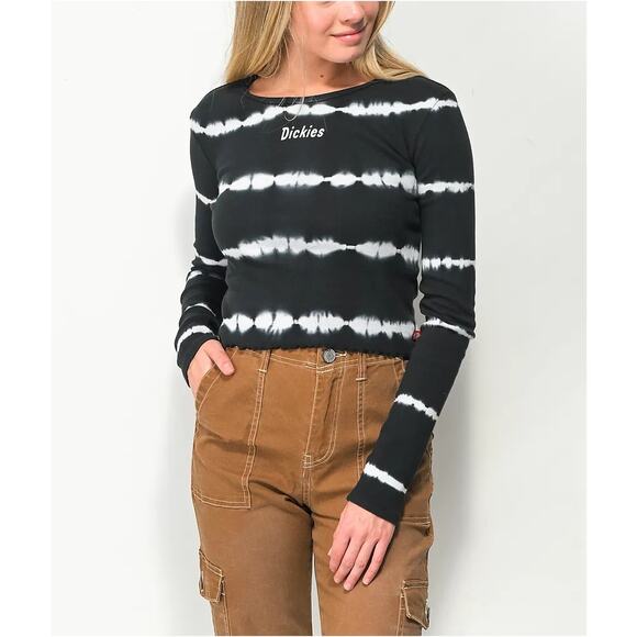 Dickies Tops - NWT Dickies Womens Black Tie Dye Long Sleeve Cropped T-Shirt Size Large